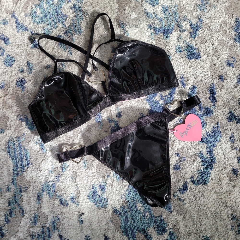 Dolls Kill Sugar Thrillz Black Vinyl Lingerie Set